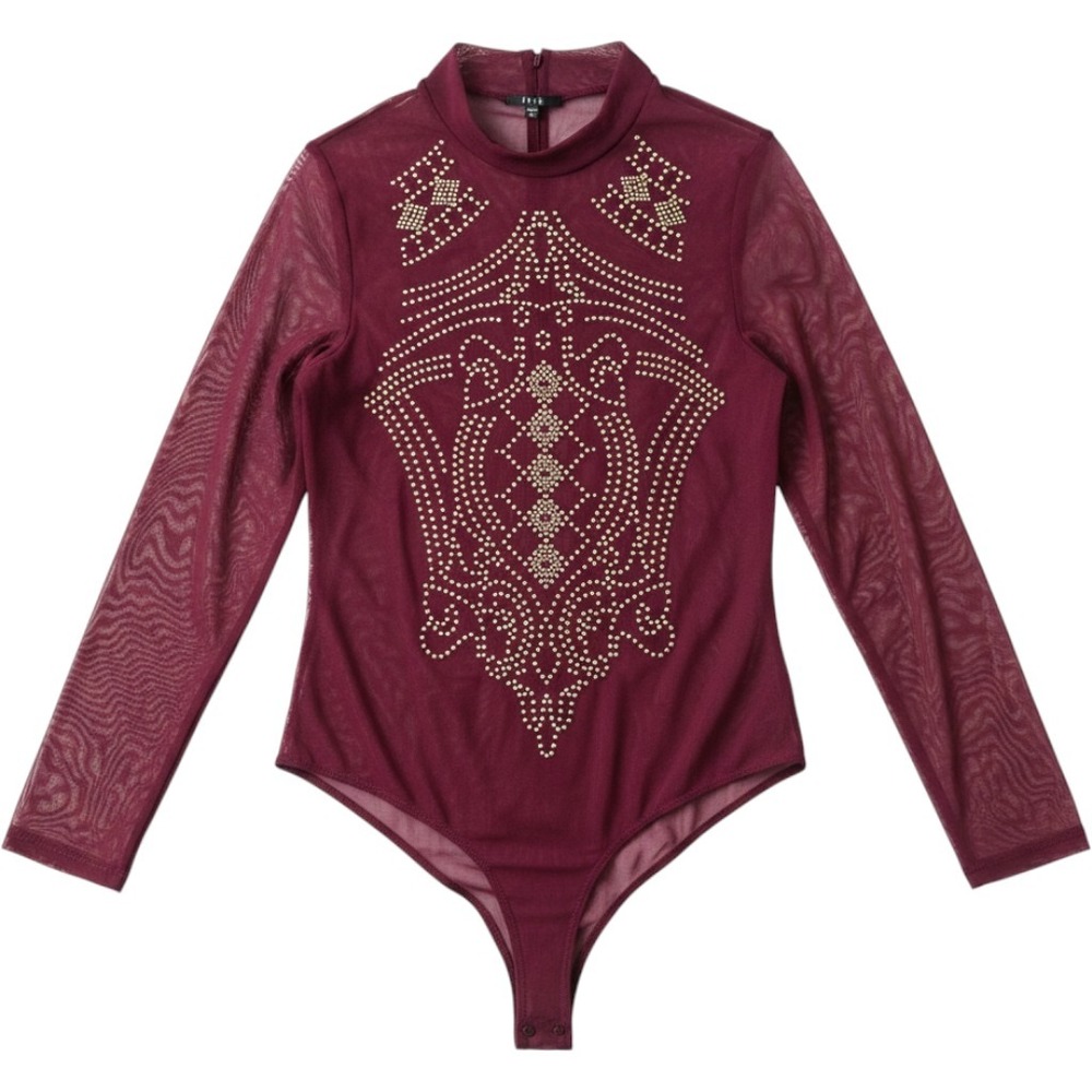 Iris Womens Burgundy Sheer Mesh Studded Long Sleeve Bodysuit 2XL, festival